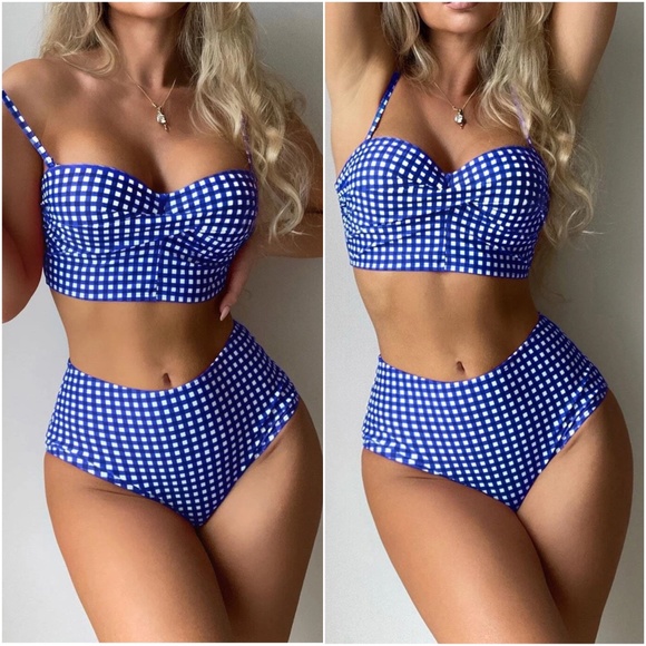 Gingham Print Padded High waisted Swim Beach Bikini - Picture 2 of 6